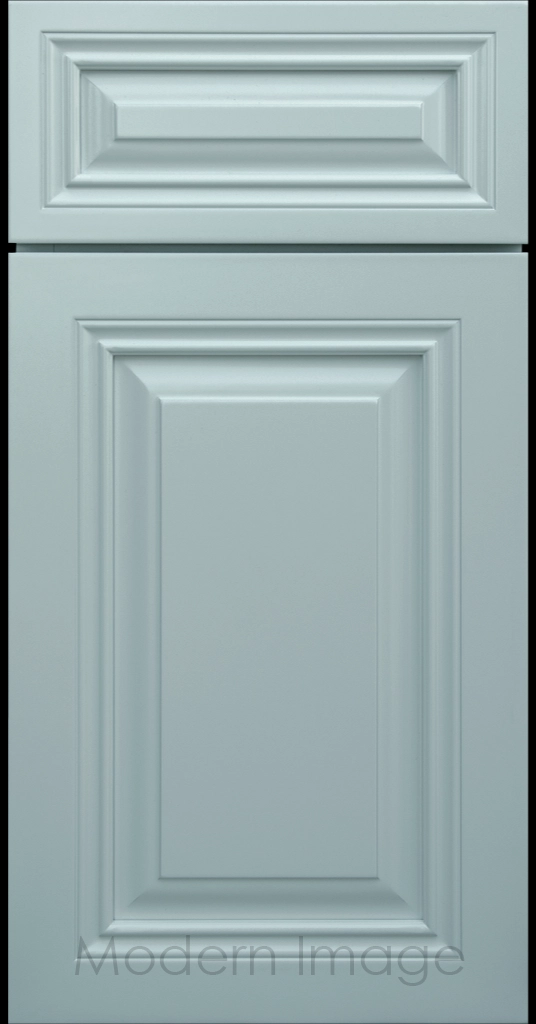 Niebla Azul color Cambridge cabinet door with a mitered frame and raised center panel.